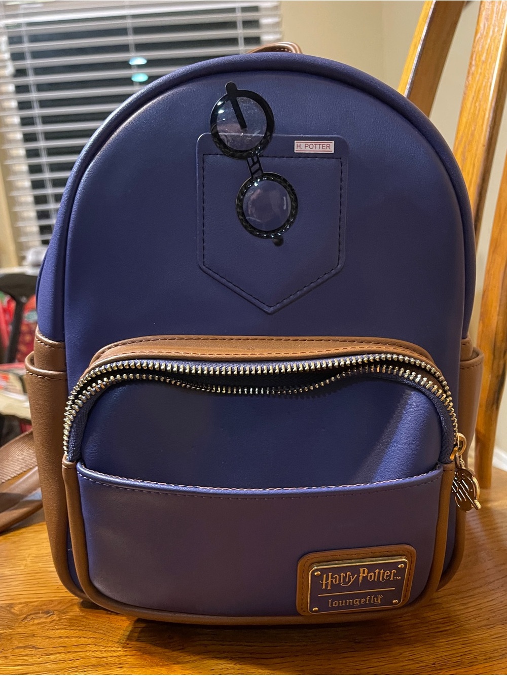 Loungefly Harry Potter Purple and Brown Mini Backpack with Glasses Patch - Picture 1 of 4
